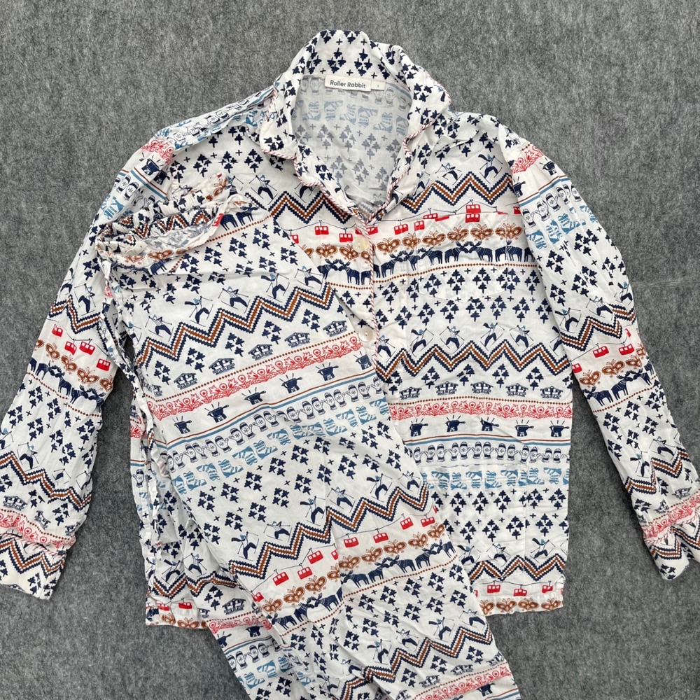 Roller Rabbit Pajama Set Womens Small Top Button Down Ski Winter Print White